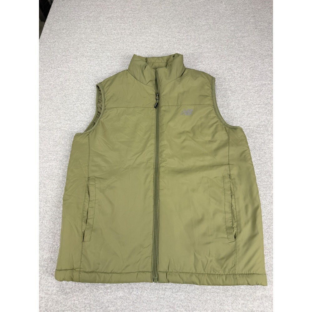 New Balance Mens Puffer Vest Olive Green Full Zip Mock Neck Logo Size Small